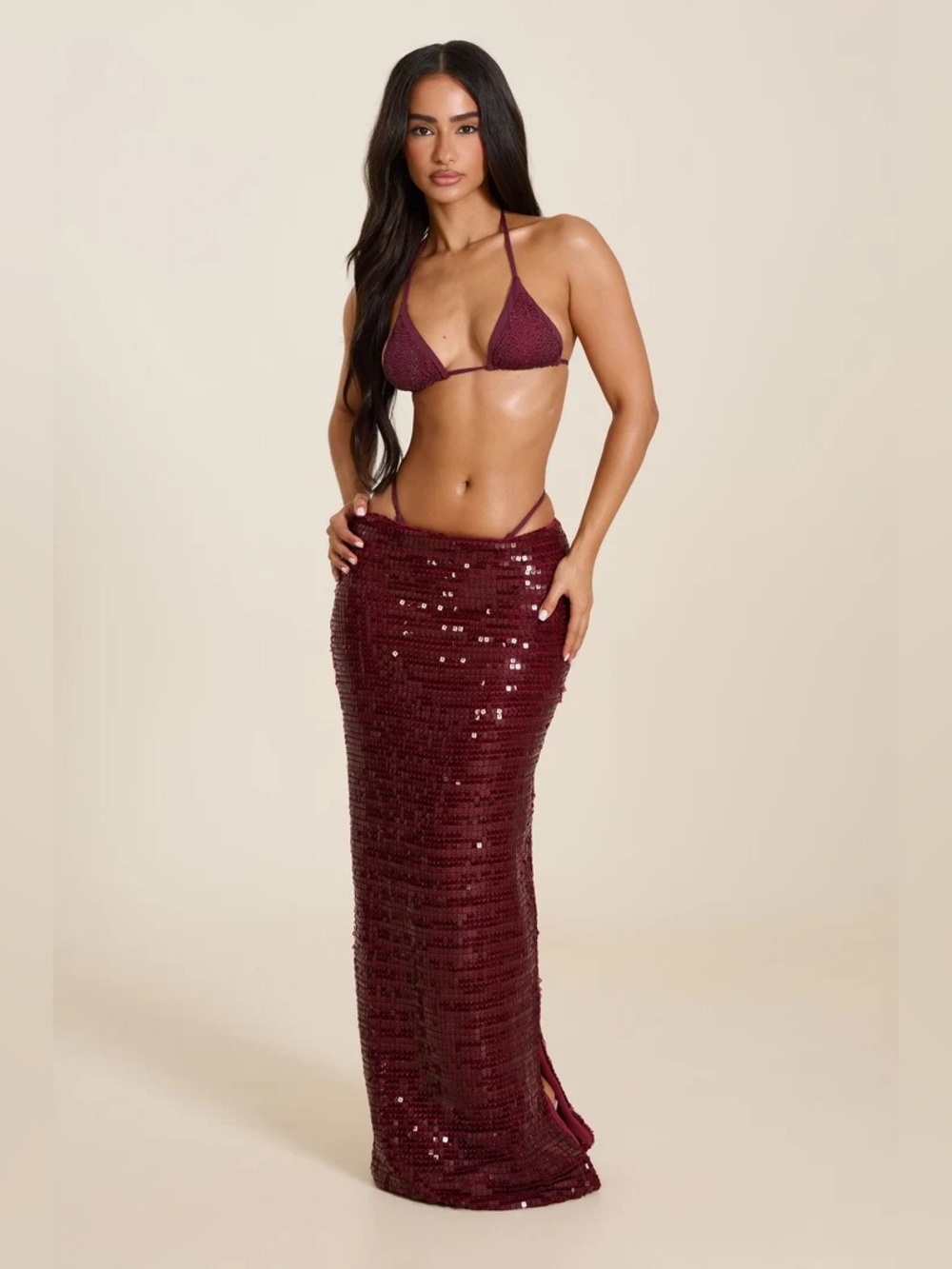MARS THE LABEL THE NIA SEQUIN MAXI SKIRT SET IN WINE - Picture 2 of 14